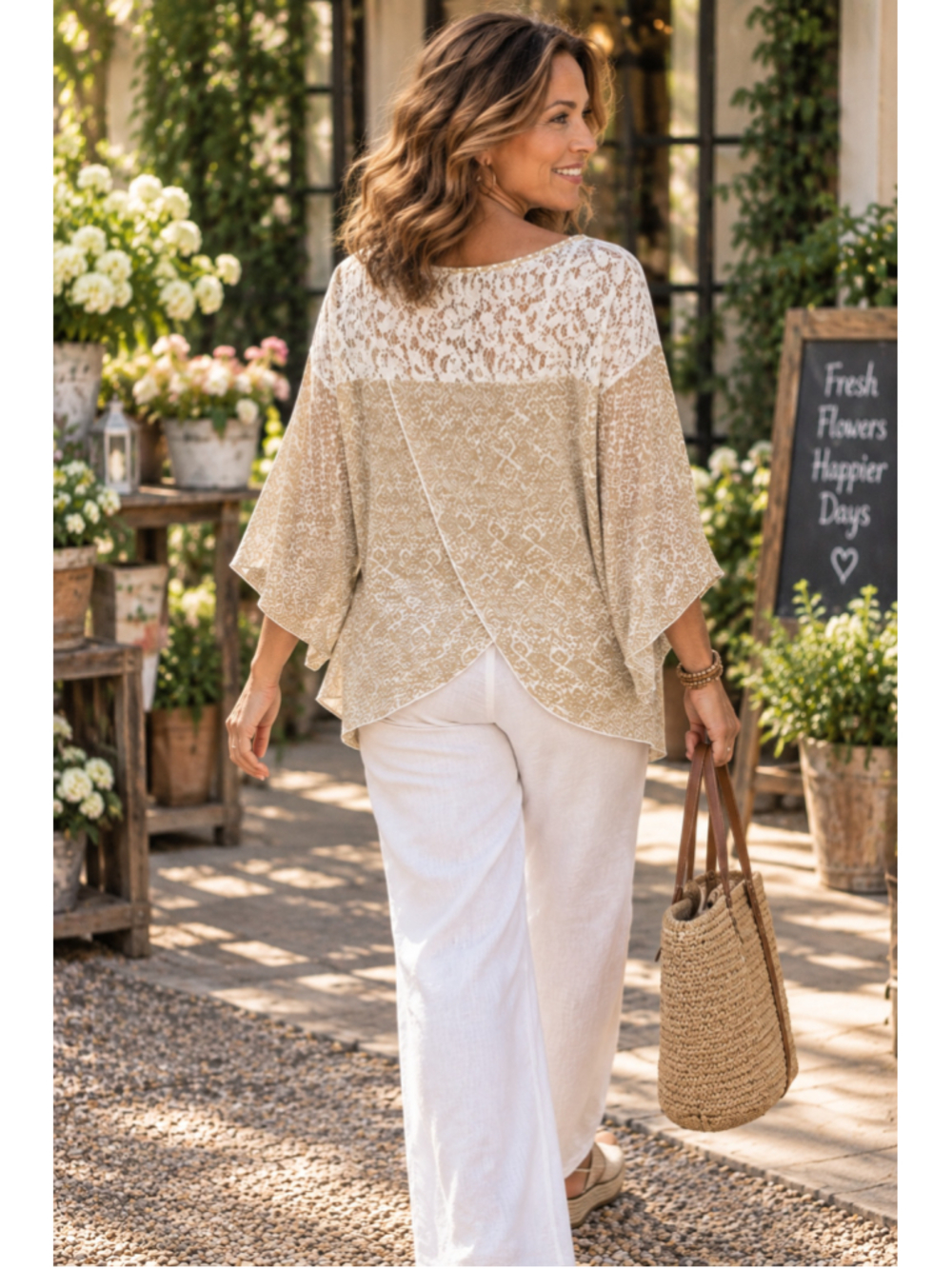 Chico's Tan Sheer Ikat Print Boho Top Womens Size 2 Lace Yoke Back Flowy Blouse